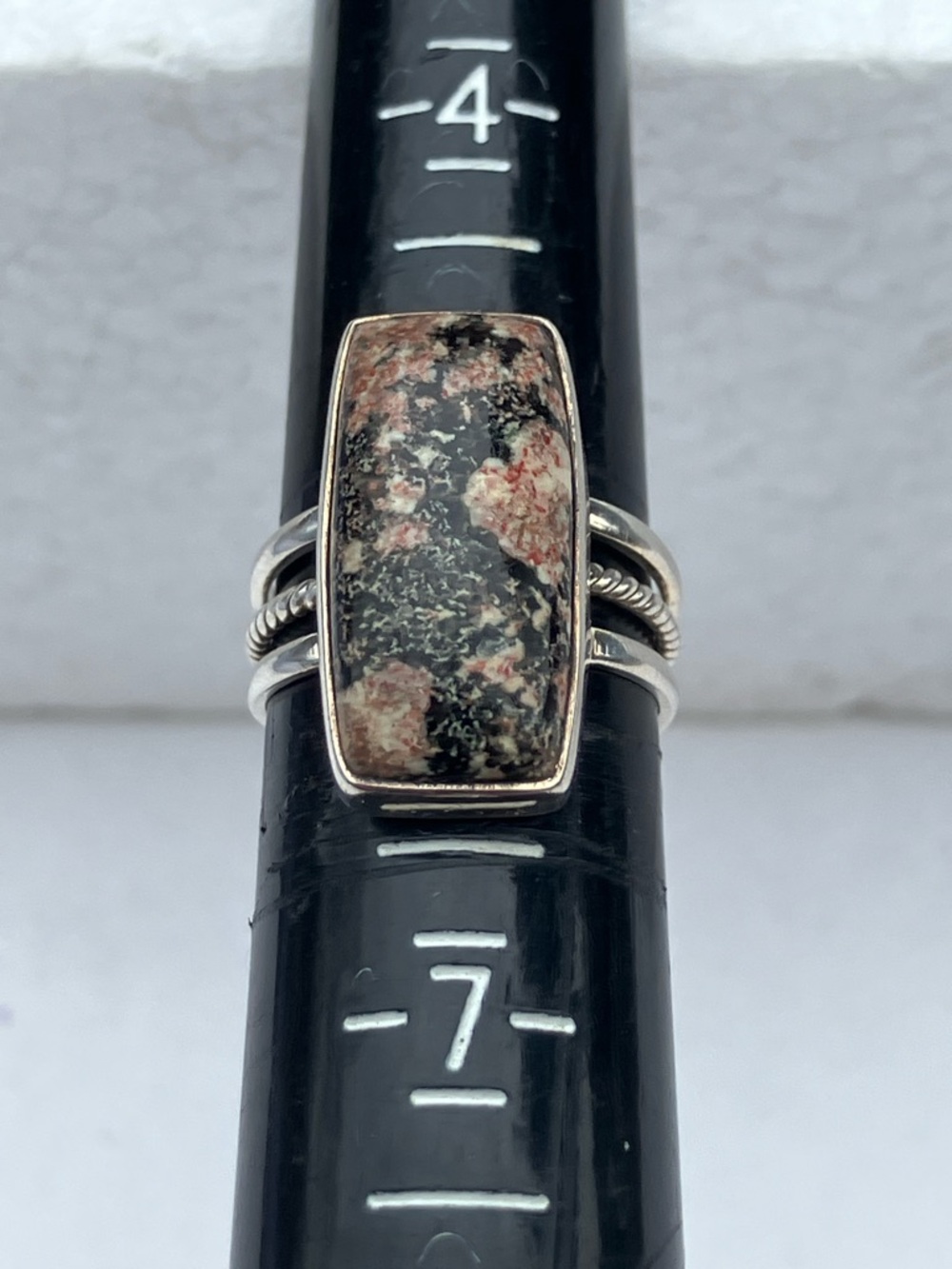 Sterling Silver Rectangular Red Snowflake Obsidian Ring in Black and Pink